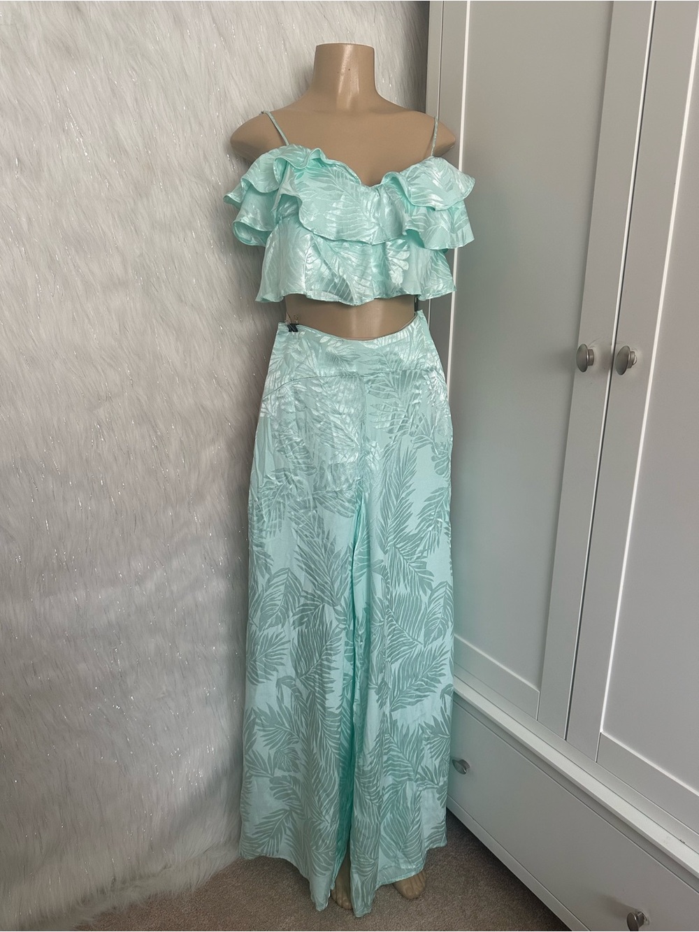 Guess Mint Green Ruffled Crop Top & Wide Leg Pants Set